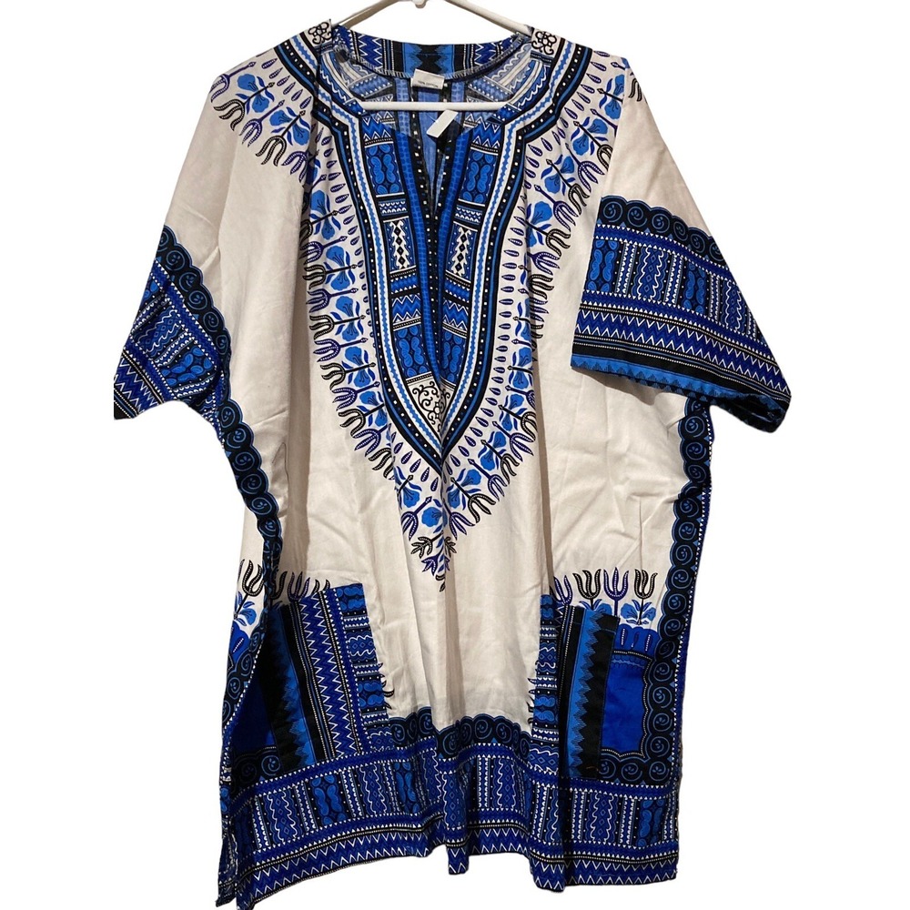 Colorful Tribal Patterned Tunic Oversized One‎ Size Blue white Black NWT